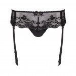 Celina thong panty by Escora with detachable suspenders in black, front
