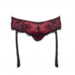 Exciting thong panty with detachable suspenders in red/black, front